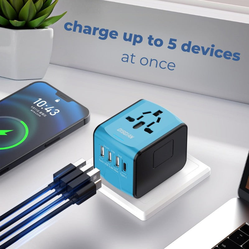 kousely™ Travel Adapter - use in 150+ countries & charge 5 devices at the same time