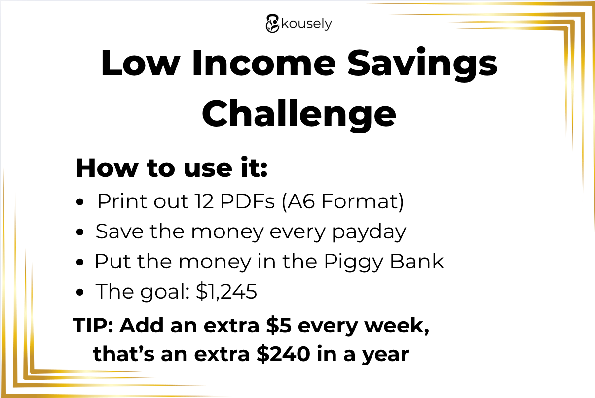 kousely™ Low Income Savings Challenge 12-Months Printable PDF